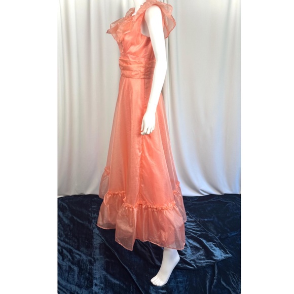 Vintage 1960’s 1970’s Custom Made Ruffled Collar Evening Gown in Orange • XS/S - Picture 8 of 10